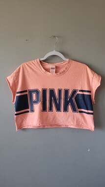 PINK Victoria's Secret Pink/ Peach Logo Raw Hem Crop Top